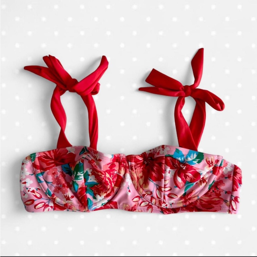 Floral Pink Bandeau Bikini Top with Red Tie Straps